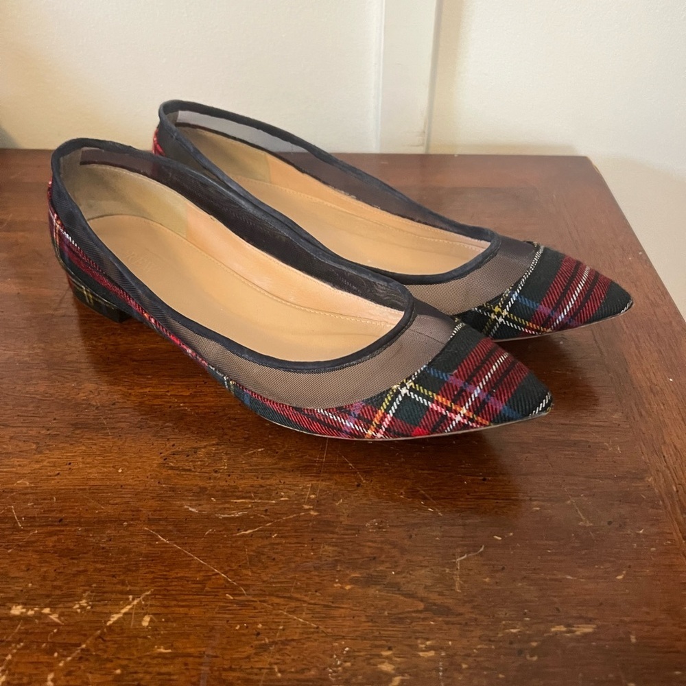 J. Crew Women's Red Plaid Pointed Toe Flats with Mesh Trim size 10.5 - Picture 3 of 9